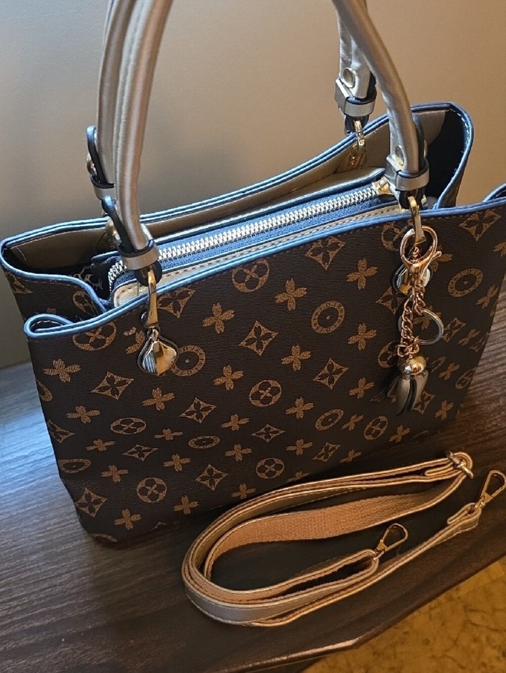 Brown Monogram Satchel Handbag with Gold Accents